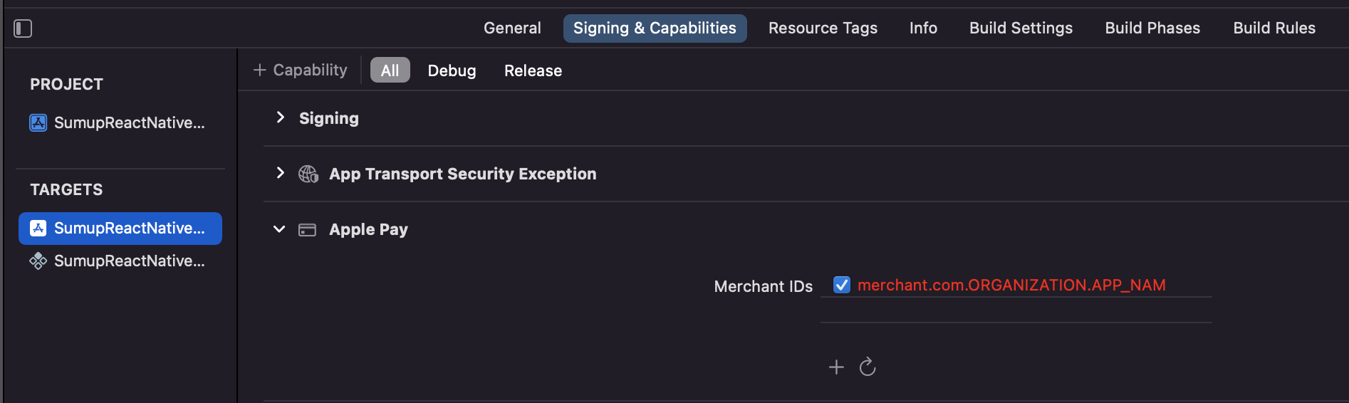 Apple Pay Xcode configurations